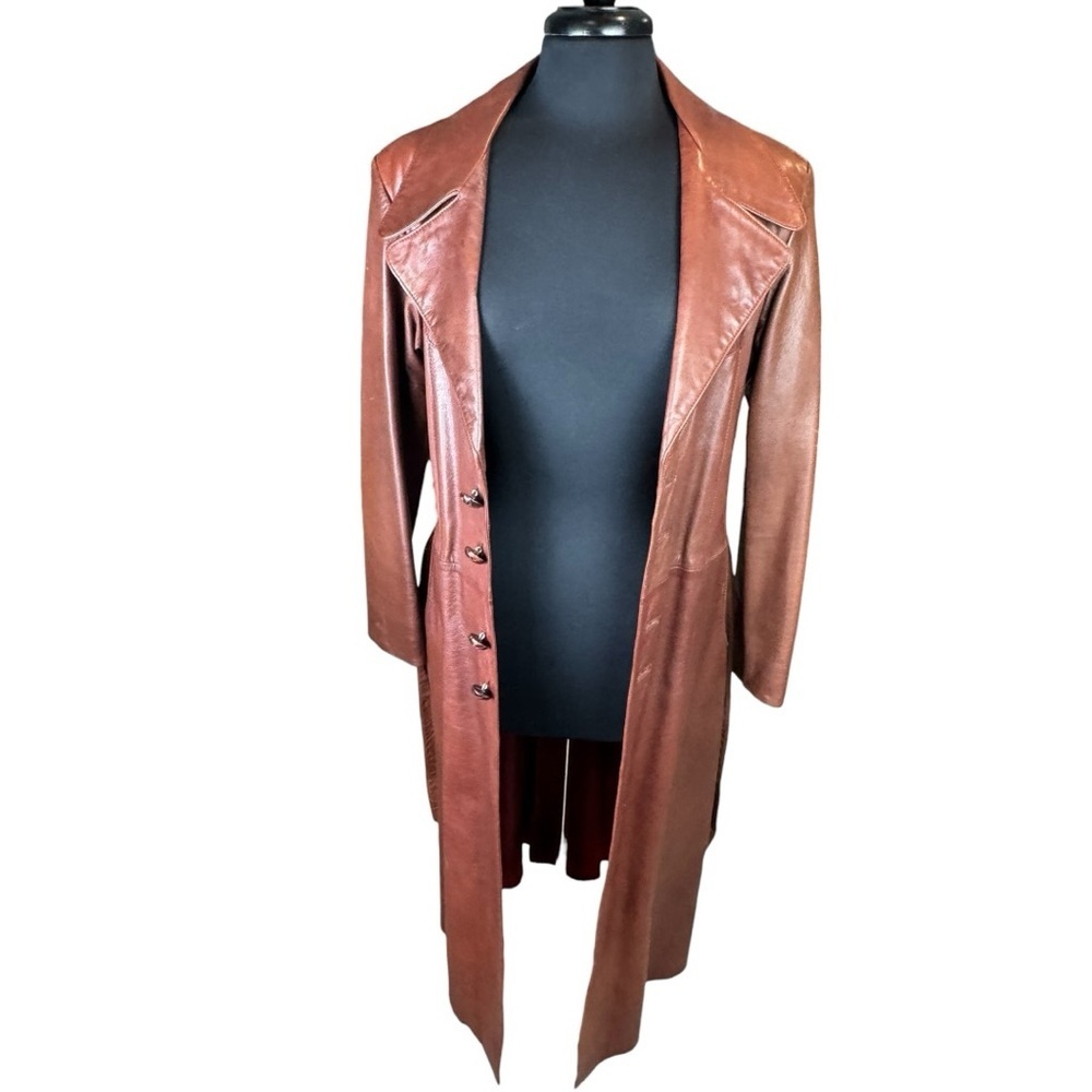 Vintage 1970s Crae Carlyle Cognac Leather Editorial Longline Maxi Coat Size 38 - Picture 13 of 15